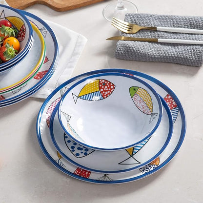 Melamine Dinnerware set for 4, Plates and Bowls Sets, Great for Camper, RV, Indoors Outdoors Use with Ocean Printed, Unbreakable