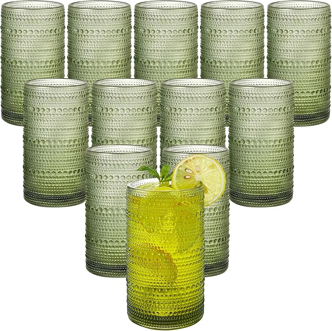 16oz Green Hobnail Drinking Glasses by HEFBCOMK