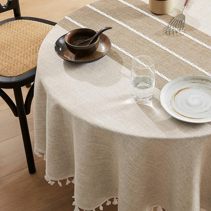 ZeeMart Contrast Linen Round Tablecloth 52 Inch Brown, Farmhouse Style Round Table Cloth Heavy Weight Beige Tablecloths, Water Resistant Burlap Table Cloths