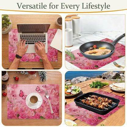 Table Placemats Set of 6,Spring Flowers Cloth Placemats,Pink Butterfly Rose Floral Heat-Resistant Table Mats for Kitchen Dining Room Decoration,Non-Slip Fabric Place Mats 11.8x17.7 Inch