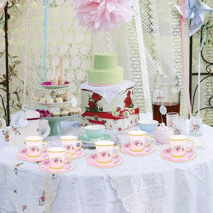 50 Pcs Paper Tea Cups and Plates Pink Floral Disposable Paper Teacups and - Image 7