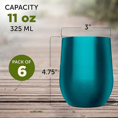 DISCOUNT PROMOS Stemless Wine Glass Tumblers with Lids by Largo 11 oz. Set of 6, Bulk Pack - Perfect for Wine, Cocktails, Other Hot & Cold Beverages - Teal