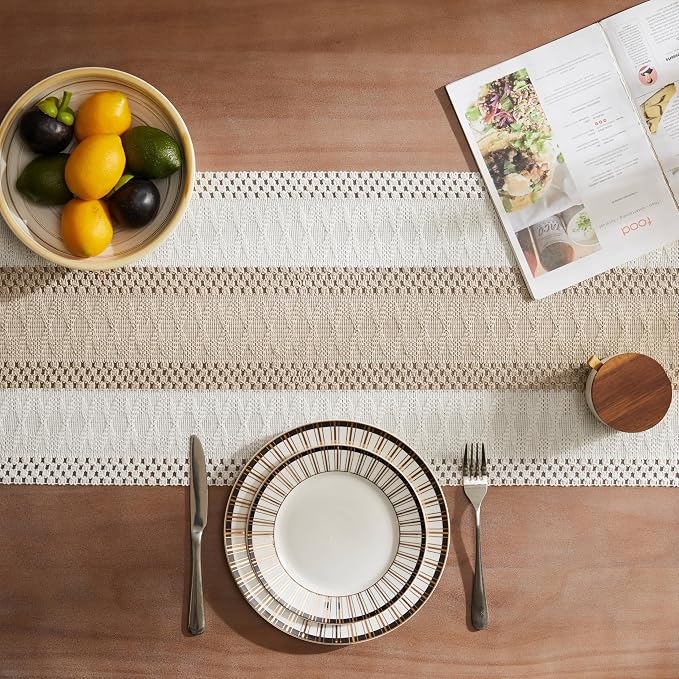 Macrame Style Bicolor Stitching Table Runner 14x108in Taupe | Woven Boho Table - Image 4
