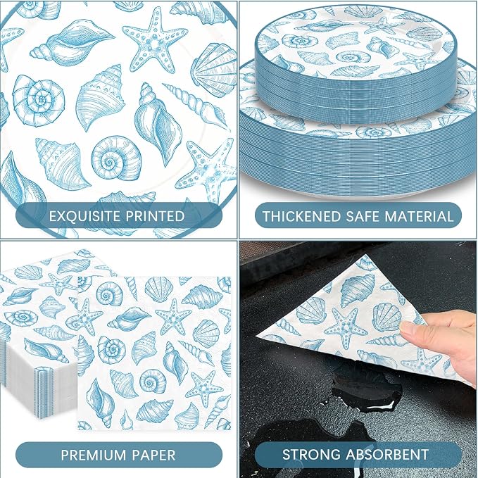 180Pcs Blue Seashell Starfish Coral Plates and Napkins Set, Serves 60 | - Image 3