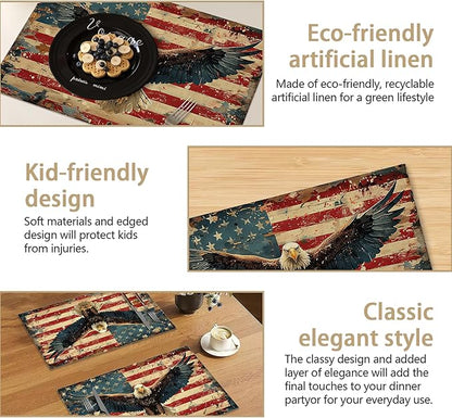 American Flag 12x18 Inch Placemats Set of 6 - Waterproof, Retro Eagle Non-Slip & Washable Table Mats for Kitchen & Dining Table Placemats