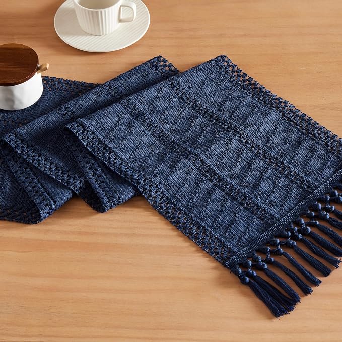Macrame Style Boho Table Runner, 12x48 Inch Navy Blue | Woven Boho Table Runner by ZEEMARTONLINE