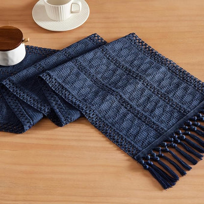 Macrame Style Boho Table Runner, 12x72 Inch Navy Blue | Woven Boho Table Runner by ZEEMARTONLINE
