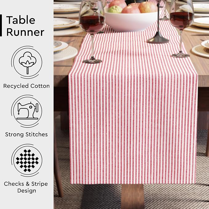Encasa XO Table Runner, Woven Cotton Dining Runner 13"x94" | Ticking Red - Image 3