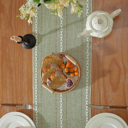 Sage Green Boho Cotton Linen Table Runner, Farmhouse Woven Table Runners Spring - Image 3