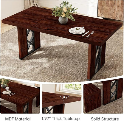 70.8" Farmhouse Dining Table for 6 People, Large Rectangle Kitchen Table with Heavy Duty Legs, Industrial Dining Room Furniture for Dinner, Walnut