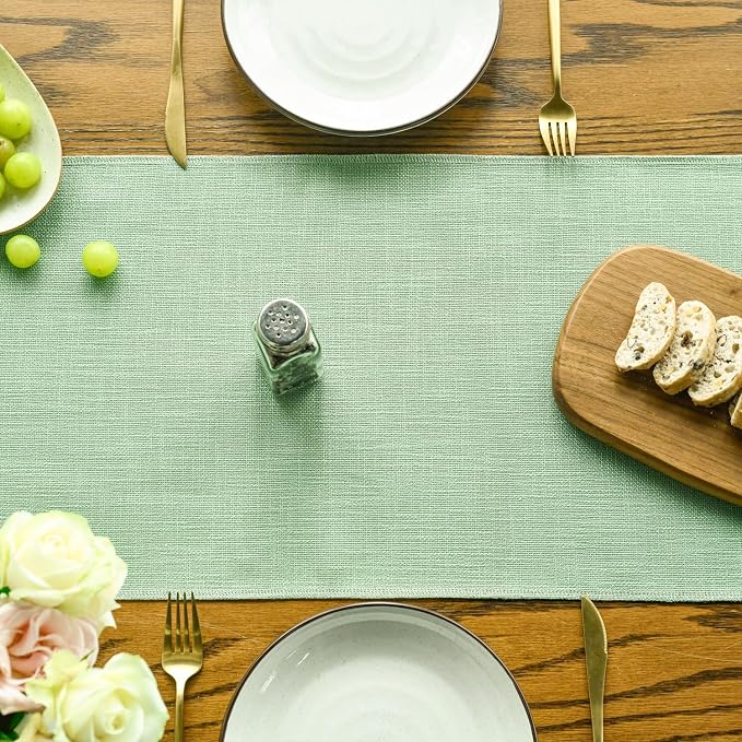 Artoid Mode Sage Green Tassel Table Runner, Spring Linen Blend Rustic Farmhouse - Image 2