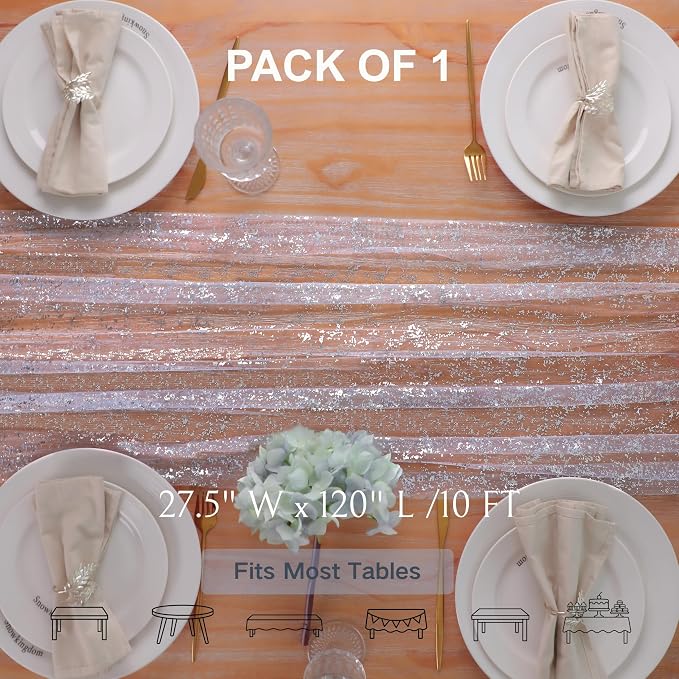 Snowkingdom Light Blue Silver Gauze Table Runner 10ft 120 inch Glitter Sheer - Image 2