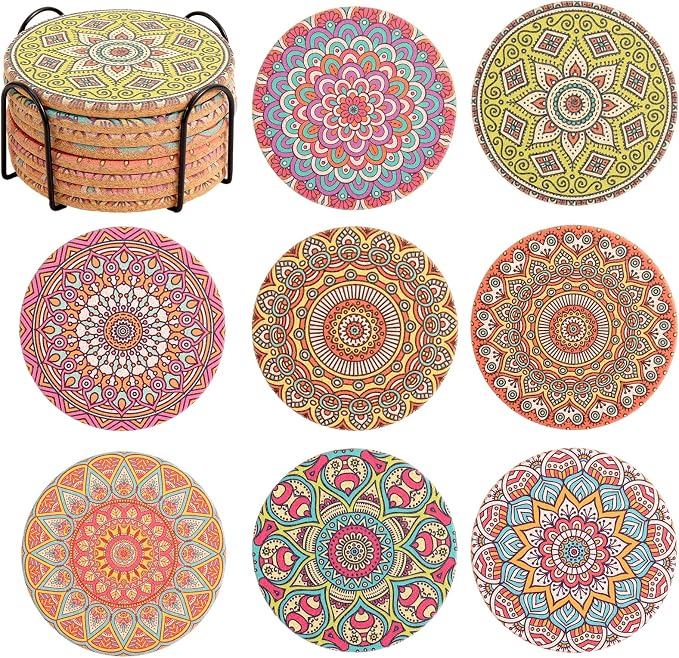 Cork Coasters Set of 8 with Holder, Colorful Drink Coaster by Puluole