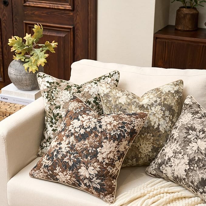 Yangest Neutral Floral Pillow Cover 24 x 24 Inches, Vintage Chenille Square Throw Pillow Cover Soft Decorative Farmhouse Accent Couch Pillow Cover for Living Room Bedroom, Grey