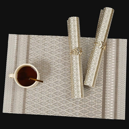 FAVE Placemats Set of 6 Golden Placemats Woven with Silver Thread Durable and Wipeable Vinyl Placemats Heat Resistant Table Mats Set of 6 High Texture Place Mats for Kitchen Table(Golden)