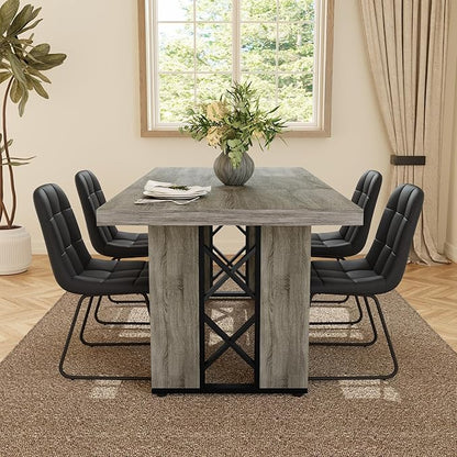 7-Piece Dining Table Set for 6 People, 70.8" MDF Kitchen Table with 6 Upholstered Chairs, Space-Saving for Dining Room, Breakfast Nook(Grey Table+6 U-Shaped Black Chairs)
