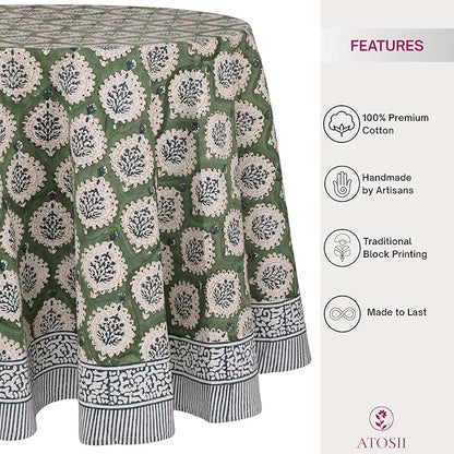 ATOSII Kari Green 100% Cotton Round Boho Spring Summer Tablecloth, Block Print Floral Table Cloth Linen for Dining, Parties, Weddings, OutdoorsI Home Table Decor 72" Inches Round