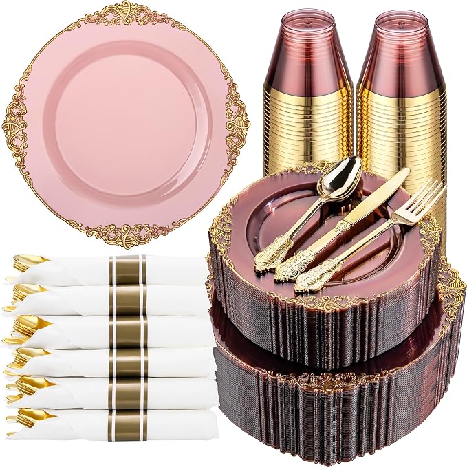 350 Pcs Burgundy Gold Plates for Party | Burgundy Plates Set for 50 Guests by Hioasis