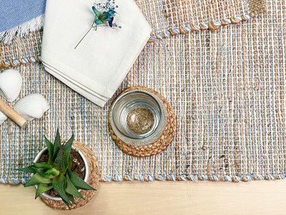 Natural Jute Table Runner, 13x36 Inch, Sky Blue-White | Vintage Boho Rustic - Image 7