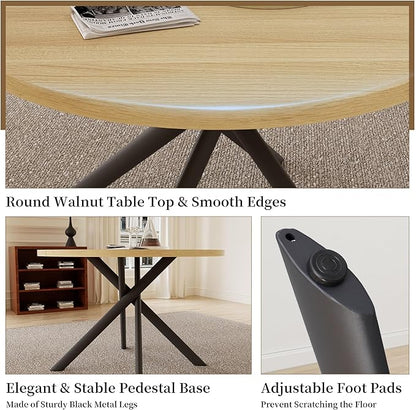45.3 Inch Round Dining Table Set for 4, Mid Century Modern Small Kitchen Coffee Set for Dining Room Kitchen Apartment (Cream Table + 4 U-Shaped Brown Chairs)