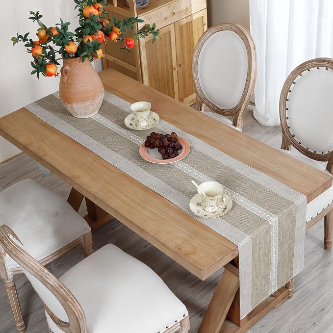 NEWISHER Farmhouse Braided Striped Embroidery Table Runner 60 inches, Rustic - Image 2