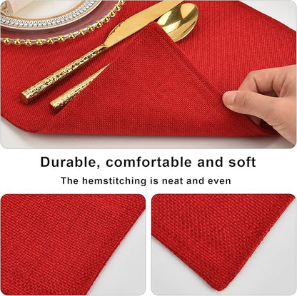 SLKQG Christmas Red Linen Fabric Placemats Set of 8, Heat Resistant & Machine Washable Double-Layered Cloth Placemats for Dining Table, Indoor/Outdoor Use, Non-Slip Kitchen Table Mats (8, Bright Red)
