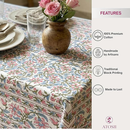 ATOSII Kalina 100% Cotton Square Tablecloth, Handblock Floral Print Linen Table Cloth for Kitchen I Dining Table I Tabletop I Parties I Wedding I Spring/Summer (60 X 60 Inches)