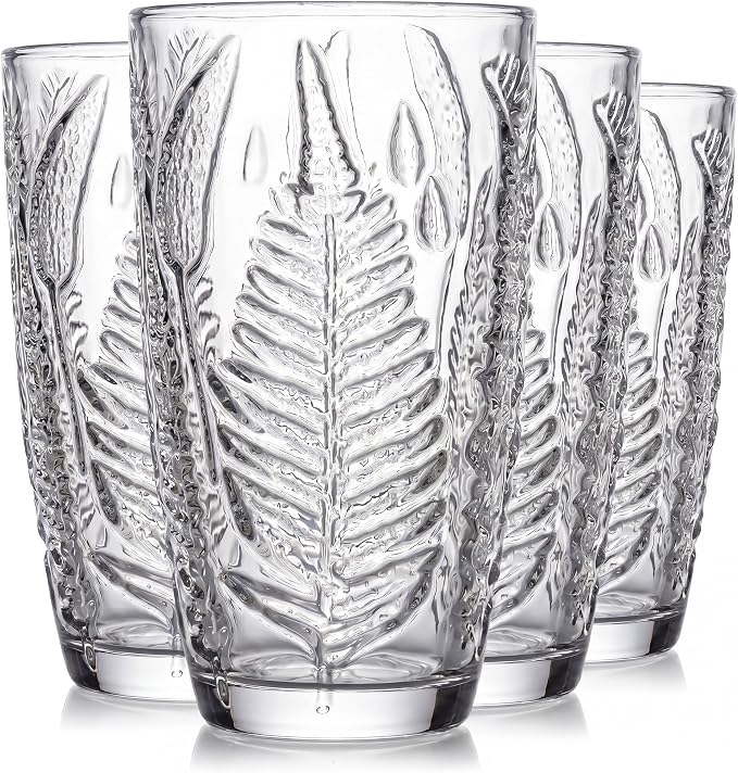 Clear Drinking Glasses Set of 4, 16 oz Glass Cups, Vintage Fern Glassware | by QELVIO