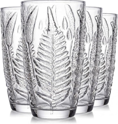 Clear Drinking Glasses Set of 4, 16 oz Glass Cups, Vintage Fern Glassware | by QELVIO