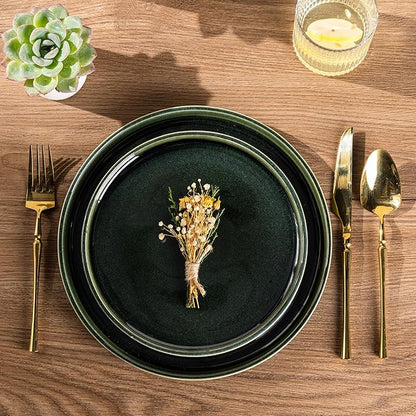 GBHOME Ceramic Dinnerware Sets for 4, 12 Pieces Stoneware Plates and Bowls Sets, Scratch Resistant Dishes, Dishwasher & Microwave Safe, Reactive Glaze-Earth Green