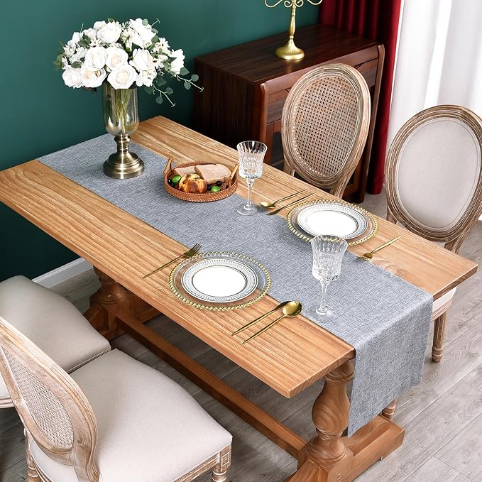NEWISHER Farmhouse Rustic Faux Linen Solid Grey Table Runner 13x60inch | Grey - Image 2