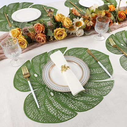 Evevda Green Leaf Shaped Vinyl Placemats for Dinner Table Set of 8 Plastic Green Place Mats Wipeable 8Pcs Table Mats for Wedding Annersary Dinner Table Decoration Mats