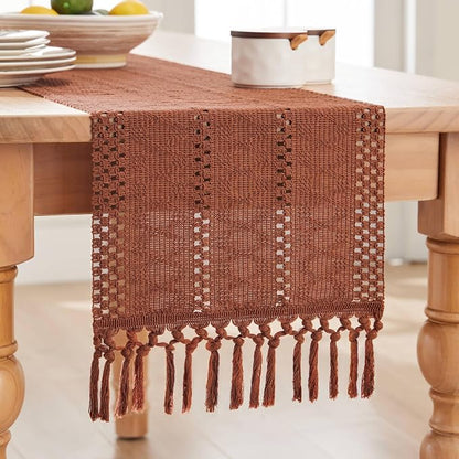 Macrame Style Boho Table Runner, 12x60 Inch Terracotta | Woven Boho Table Runner - Image 7