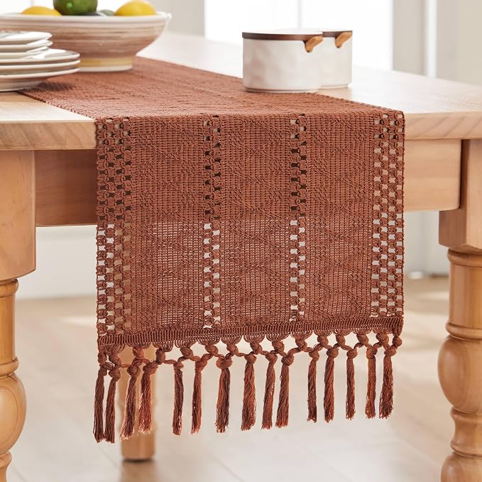 Macrame Style Boho Table Runner, 12x90 Inch Terracotta | Woven Boho Table Runner - Image 7