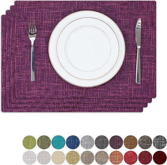Kevin Textile Burlap Linen Placemats Set of 4 Heat Resistant Dining Table Place Mats Washable Kitchen Table Mats, 13 x19 inches, Red Purple