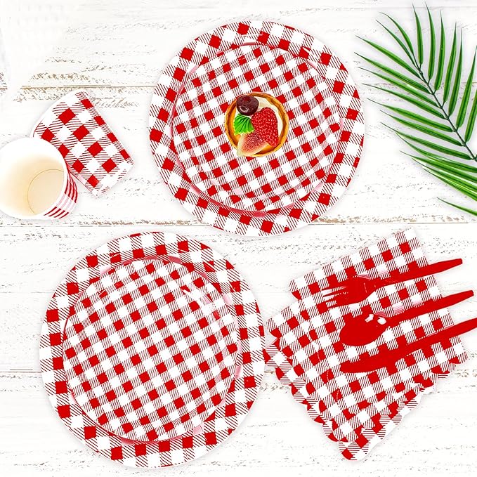 Vyntra Red Checkered Paper Plates and Napkins Set - Image 6