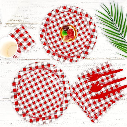 Vyntra 350 Pcs Red & White Checkered Gingham Paper Plates and Napkins Set - Image 6