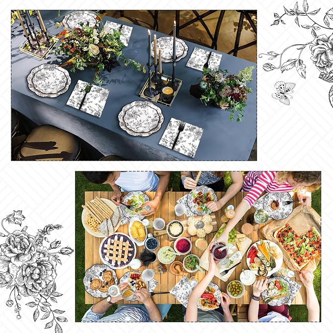 Kochorie 144 Pieces Black Floral Paper Plates and Napkins Party Supplies - Image 6