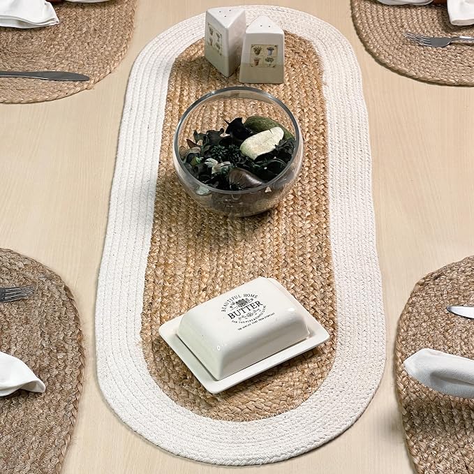 Verona Oval Woven Jute & Cotton Braided Table Runner, Size -13 x 36 Inches by ChardinHome