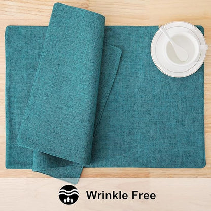 homing Cotton Linen Placemats Set of 6, Cloth Washable Farmhouse Dining Table Mats for Indoors & Outdoors, Easy to Clean, Teal, 13 x 19 Inch