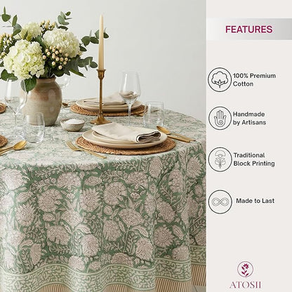 ATOSII Jade 100% Cotton Boho Round Tablecloth, Block Print Floral Table Cloth Linen for Dining, Parties, Weddings, Outdoors I Table Decor I 60" Inches Round