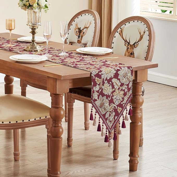 Loom and Mill Vintage Jacquard Damask Table Runner 13x108 inch, Burgundy | - Image 7