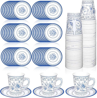 Whaline 80Pcs Blue White Floral Paper Tea Cups and Saucers Porcelain by Whaline