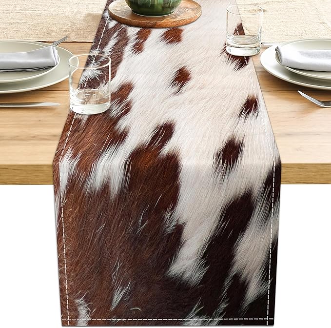 Linen Cow Print Table Runner 13x71 Inch Farmhouse Western White Brown Cowhide by LXXTK