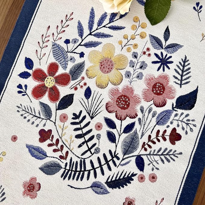 Floral Table Runner with Tassel Edges, Cotton Blend Decorative Runner - Image 2