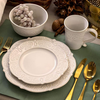 Elama Round Decorated Stoneware Scallop Embossed Dinnerware Dish Set, 16 Piece - Image 12