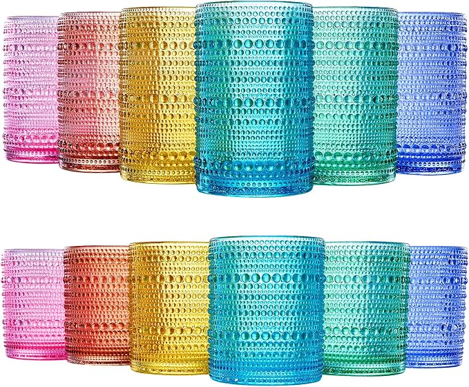Khen Hobnail Beaded Highball Drinking Tumbler Glasses | Set of 12 | Color by Khen