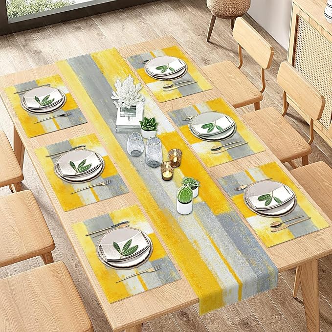 Emvency Table Runner and Placemats Set of 6, Abstract Yellow | Modern Painting - Image 5