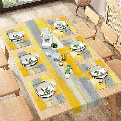 Emvency Table Runner and Placemats Set of 6, Abstract Yellow | Modern Painting - Image 5
