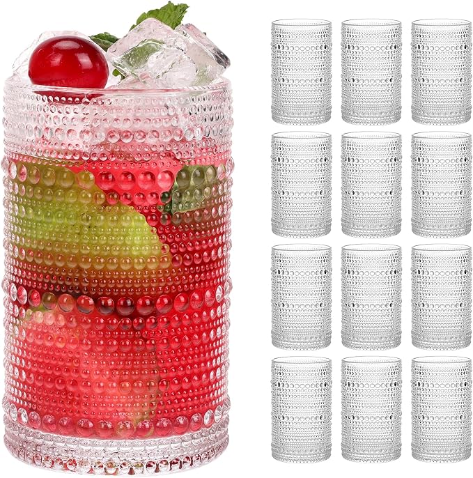 Moretoes Large 15oz Hobnail Drinking Glass Set of 12 | Clear Vintage Glassware by Moretoes